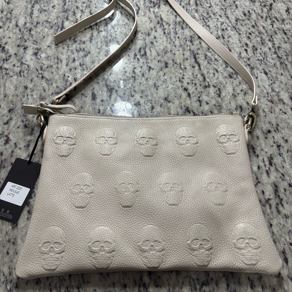 NEW IO Pelle Italia Skull Embossed Leather Crossbody in Latte